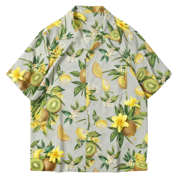 Light Gray Kiwi & Banana Print Camp Collar Shirt | Tropical Fruit Blouse